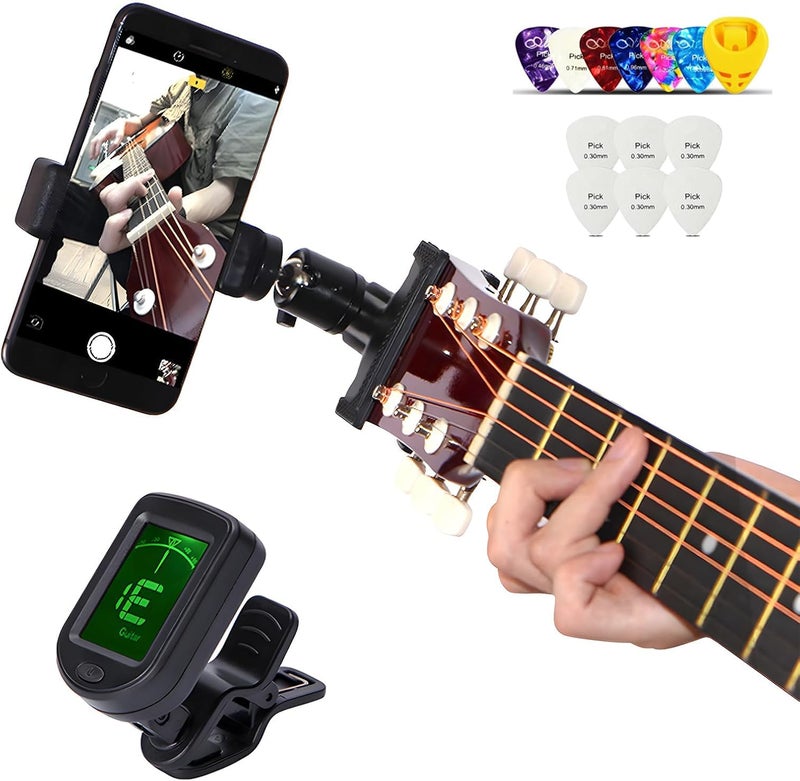 RockCheems Guitar Accessories - 1 Bass/Ukulele/Guitar Phone Holder for Live Broadcast Video Recording, 1 Guitar Tuner Clip On With Free Guitar Picks - Image 1